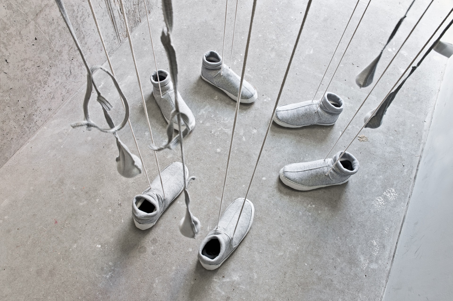 Detail Private Architecture (Dudes), 2013, textile, wood, steel, sneaker, laces, photo Jan Windszus